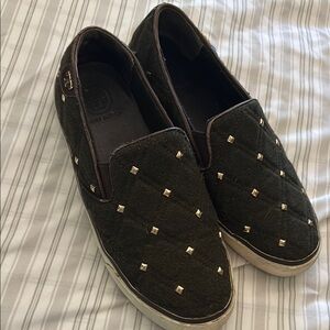 Tory Burch Olive Green Quilted Flats with Gold Studs